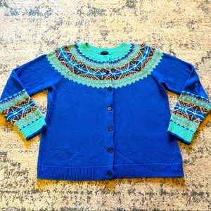 Talbots | Blue Turquoise Nordic Fair Isle Button Cardigan Lambswool Sweater XL